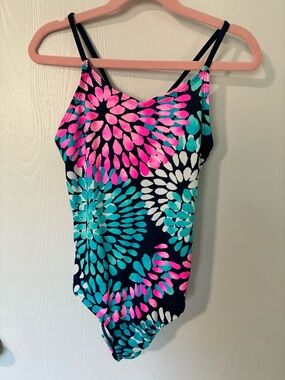 Girls Okanu Floral Burst One-Piece Swimsuit in Navy, Pink & Teal